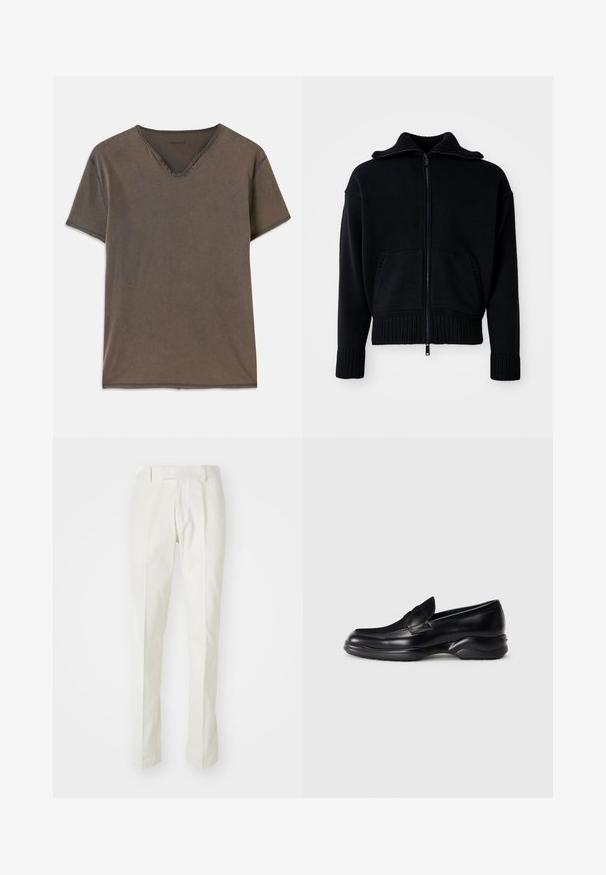 Crna zip-up dukserica s rebrastom teksturom, visokim ovratnikom i dva prednja džepa. Ima široke rebraste manšete i donji rub. Minimalistički dizajn.; Smeđi kratkoslavljeni majica s V-izrezom, četiri ukrasna gumba blizu vrata i kontrastnim šavovima duž rubova.; Bijele hlače od pamuka, s ravnim krojem, ravnim prednjim dijelom i bez vidljivih uzoraka ili metalnih dijelova. Glatka tekstura.; Crne kožne mokasine s niskim, teksturiranim gumenenim đonom i šivanim dizajnom na gornjem dijelu. Imaju zaobljen vrh i minimalne ukrase.