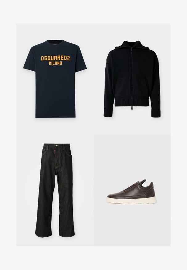 Μαύρο φούτερ με φερμουάρ, με ραβδωτή υφή, ψηλό γιακά και δύο μπροστινές τσέπες. Διαθέτει πλατιές ραβδωτές μανσέτες και στρίφωμα. Ελάχιστος σχεδιασμός.; Μπλε ναυτικού βαμβακερό t-shirt με έντονο πορτοκαλί κείμενο "DSQUARED2 MILANO" στο στήθος. Κλασικός στρογγυλός λαιμός και κοντά μανίκια.; Μαύρα τζιν ίσιας γραμμής με κίτρινη ραφή, πέντε τσέπες, κλείσιμο με κουμπί και μία μικρή κόκκινη ετικέτα στη μπροστινή δεξιά τσέπη.; Σκούρο καφέ υφασμάτινο δερμάτινο αθλητικό παπούτσι με δέσιμο μπροστά και λευκή ανάγλυφη καουτσούκ σόλα σε απλή ανοιχτόχρωμη φόντο.