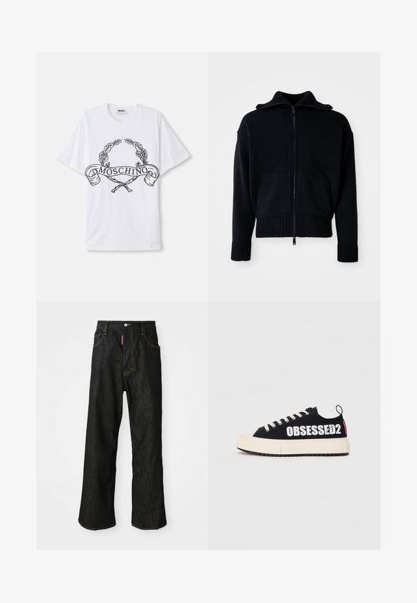 Sweat à zip noir avec une texture côtelée, col montant et deux poches avant. Présente des poignets et un ourlet côtelés larges. Design minimaliste.; T-shirt en coton blanc avec un design graphique noir comprenant une couronne de laurier et le mot "MOSCHINO" sur un ruban au centre.; Jean noir à jambres droites avec des coutures jaunes, design à cinq poches, fermeture à bouton et une petite étiquette rouge sur la poche avant droite.; Baskets en toile noires avec le texte blanc "OBSESSED2", semelle en caoutchouc crème, lacets plats et boucle de tirage arrière. Vue de côté affichée.