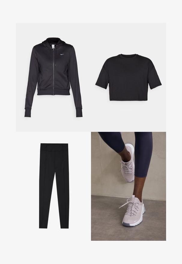 Black zip-up hoodie made of smooth fabric, featuring a drawstring hood and a small blue Nike logo on the chest. Cropped design with ribbed cuffs.; Black cropped t-shirt made of soft fabric, featuring a round neckline and short, wide sleeves, with a simple, seamless design.; Black leggings featuring a smooth texture, high waistband, and stitching details along the sides. Slim-fit design, suitable for various activities.; Light grey sport shoes with a textured upper, lace closure, and white sole, paired with dark leggings. Minimalist design and smooth accents.