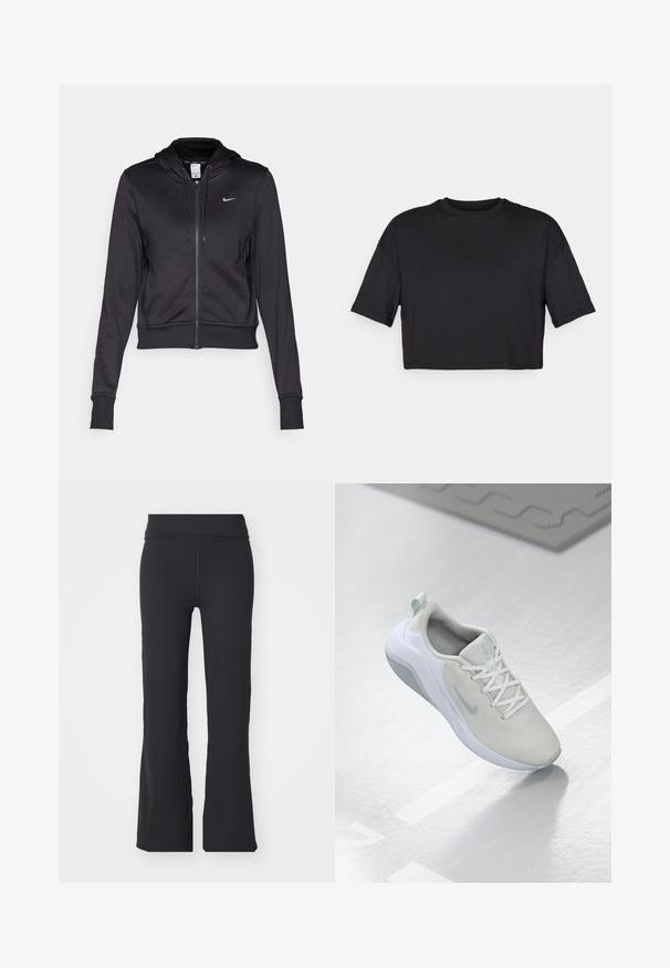 Sort zip-op hoodie lavet af glat stof, med en hætte med snoretræk og et lille blåt Nike-logo på brystet. Croppet design med ribbede manchetter.; Sort cropped t-shirt lavet af blødt stof, med en rund halsudskæring og korte, brede ærmer, med et enkelt, sømløst design.; Sorte trompetbukser lavet af strækbart stof med høj talje. Har rene linjer og en glat tekstur, velegnet til afslappet brug.; Lys grå sportsko med en mesh-overdel, cirkulært mønster, hvide detaljer, flade snørebånd og en tekstureret sål for godt greb.