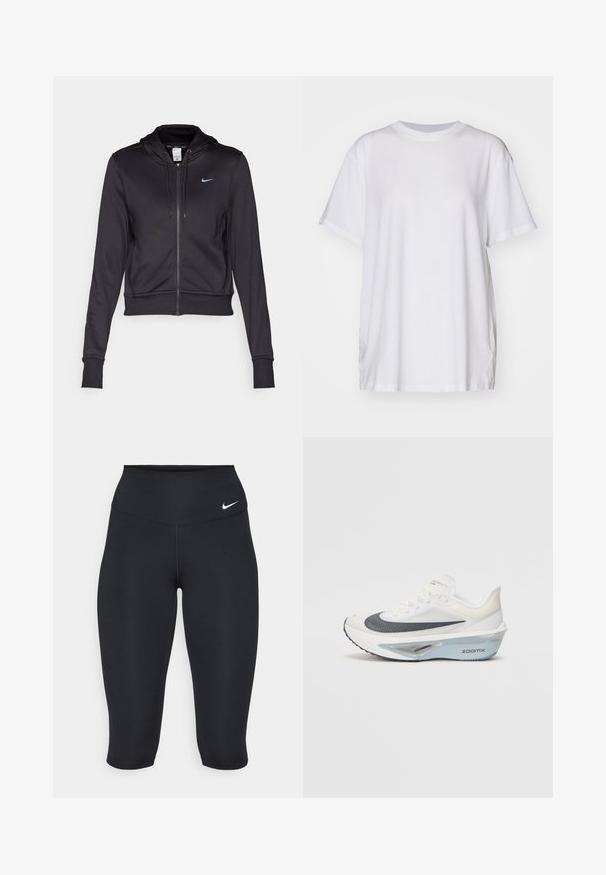 Black zip-up hoodie made of smooth fabric, featuring a drawstring hood and a small blue Nike logo on the chest. Cropped design with ribbed cuffs.; White oversized t-shirt made of cotton, featuring a crew neckline, short sleeves, and side slits for a relaxed fit. Smooth texture.; Nike black capri leggings feature a high waistband, smooth stretch fabric, and subtle logo detail on the front.; White running shoe with a breathable mesh upper, blue accents, and a distinct midsole design featuring a visible cushioning system.