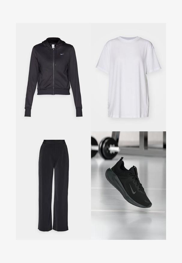 Black zip-up hoodie made of smooth fabric, featuring a drawstring hood and a small blue Nike logo on the chest. Cropped design with ribbed cuffs.; White oversized t-shirt made of cotton, featuring a crew neckline, short sleeves, and side slits for a relaxed fit. Smooth texture.; Nike Performance BLISS TROUSER - Trousers - black; Black sports sneaker with Nike logo, shown mid-air on gym floor, with blurred dumbbell rack in background.