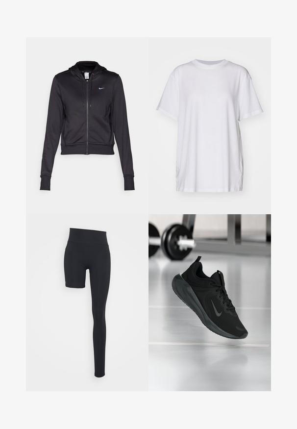 Čierna mikina s kapucňou na zips, vyrobená z hladkého materiálu, s nastaviteľnou kapucňou a malým modrým logom Nike na hrudi. Krátky strih s rebrovanými manžetami.; Biele oversized tričko vyrobené z bavlny, s okrúhlym výstrihom, krátkymi rukávmi a bočnými rozparkami pre voľný strih. Hladká textúra.; Even&Odd active Legíny - black/short right leg; Čierne športové tenisky s logom Nike, zobrazené vo vzduchu na podlahe telocvične, s rozmazaným regálom činkami v pozadí.