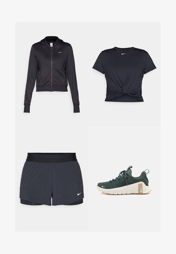 Black zip-up hoodie made of smooth fabric, featuring a drawstring hood and a small blue Nike logo on the chest. Cropped design with ribbed cuffs.; Black athletic t-shirt made of smooth fabric, featuring a knotted front design and a small white Nike logo on the chest.; Black athletic shorts with an elastic waistband, featuring a layered design and a small white Nike logo on the lower left. Lightweight material.; Green athletic shoe with a textured fabric upper, white midsole, and tan outsole. Features laces, pull tab, and a small logo on the side.