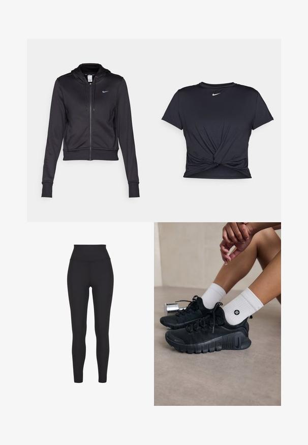 Crna zip-up dukserica od glatkog materijala, s kapuljačom na uže i malim plavim Nike logotipom na prsima. Skriveni dizajn s rebrastim manžetama.; Crni trenirac s kratkim rukavima izrađen od glatkog materijala, s čvorastim dizajnom sprijeda i malim bijelim Nike logotipom na prsima.; Visoke crne tajice od rastezljivog materijala, s glatkom teksturom i dizajnom koji se prilagođava tijelu, bez vidljivih šavova ili uzoraka.; Crne atletske tenisice s teksturiranim materijalom, vezivanjem i istaknutim potplatom, u kombinaciji s bijelim rebrastim čarapama koje imaju mali logo.