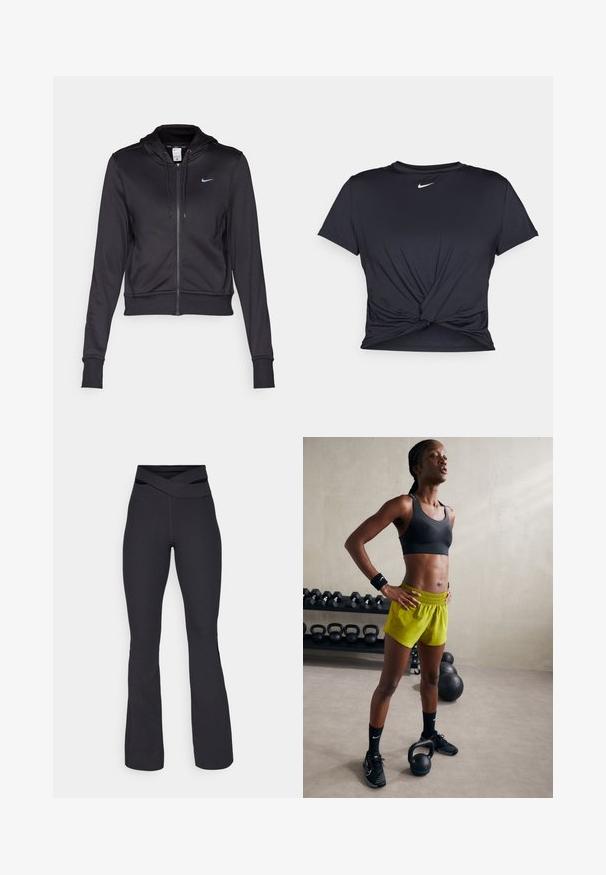 Juodas zip-up džemperis, pagamintas iš lygaus audinio, su reguliuojama gobtuvu ir mažuoju mėlynu Nike logotipu krūtinėje. Trumpas modelis su įsiūtomis rankovėmis.; Juodas sportinis marškinėlis, pagamintas iš lygios medžiagos, su surišta priekiu ir mažu baltu Nike logotipu ant krūtinės.; Juodos ribotos platėjančios kelnės su perbraukimu ant juosmens. Pagamintos iš elastingos medžiagos, kad būtų patogu vaikščioti ir judėti.; Juodas sportinis liemenukas, ryškiai geltonos šortai su elastine juosta, juodi sportiniai batai ir riešo juostos, stovintys šalia kettlebell'ų.