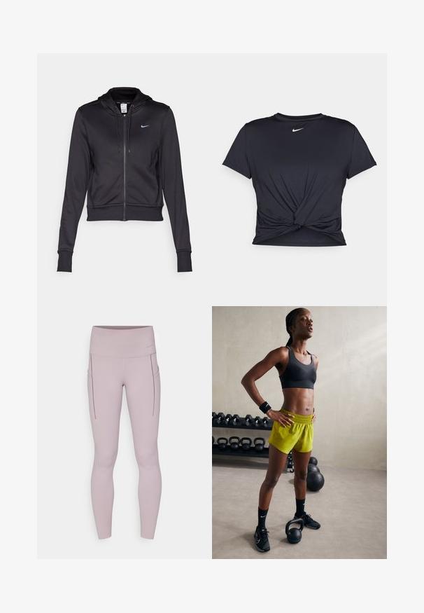 Haut à fermeture éclair noir en tissu lisse, doté d'une capuche à cordon et d'un petit logo Nike bleu sur la poitrine. Design court avec des poignets côtelés.; T-shirt de sport noir en tissu lisse, avec un design avant noué et un petit logo Nike blanc sur la poitrine.; Leggings en mauve clair, fabriqués en tissu extensible, dotés d'une taille haute et de poches latérales avec des détails de couture.; Soutien-gorge de sport noir, shorts jaunes éclatants avec une ceinture élastique, chaussures de sport noires et bandeaux, se tenant à côté de kettlebells.