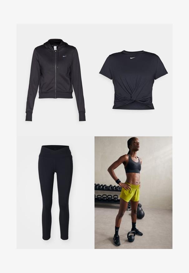 Czarna bluza z kapturem na zamek, wykonana z gładkiego materiału, z kapturem ze sznurkiem i małym niebieskim logo Nike na klatce piersiowej. Skrócony krój z ściągaczami przy rękawach.; Czarna sportowa koszulka z gładkiego materiału, z wiązanym przodem i małym białym logo Nike na piersi.; Czarne legginsy z wysokim, skrzyżowanym pasem. Wykonane z elastycznego materiału z subtelnymi detalami szycia. Dopasowany krój.; Czarny stanik sportowy, jasne żółte szorty z elastycznym pasem, czarne buty sportowe i opaski na nadgarstki, stojące obok kettlebelli.
