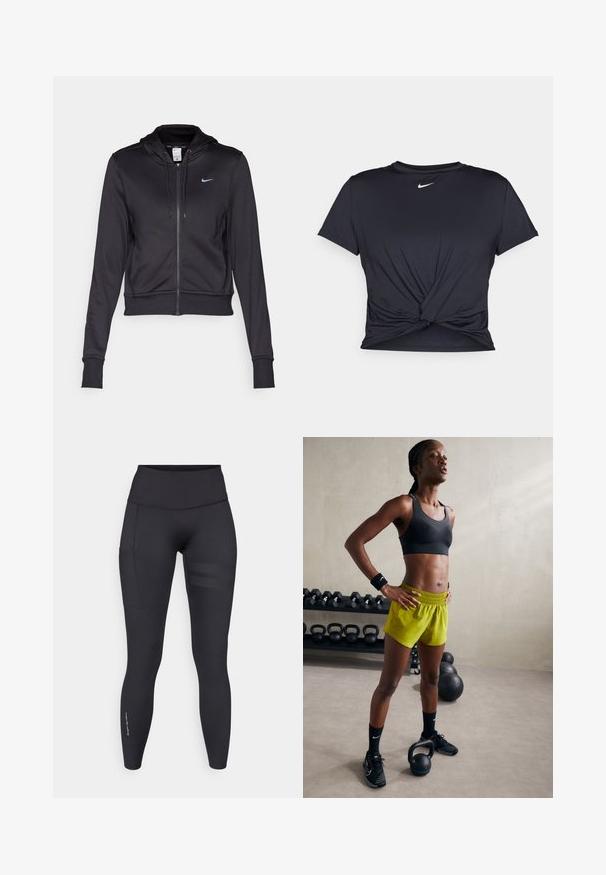 Musta vetoketjuhuppari, joka on valmistettu sileästä kankaasta. Siinä on naruilla säädettävä huppu ja pieni sininen Nike-logot. Käristetty malli, jossa on ribbaustaskut.; Musta urheilu T-paita, joka on valmistettu sileästä kankaasta, jossa on solmittu etuosa ja pieni valkoinen Nike-logo rinnassa.; Musta treenihousut joustavasta materiaalista, joissa on korkea vyötärö, sivutasku ja teksturoitu vaakasuora raitapainatus yhdellä jalalla.; Musta urheiluliivi, kirkkaat keltaiset shortsit, joissa on joustava vyötärö, mustat urheilu-kengät ja rannetuet, seisomassa kettlebellien vieressä.