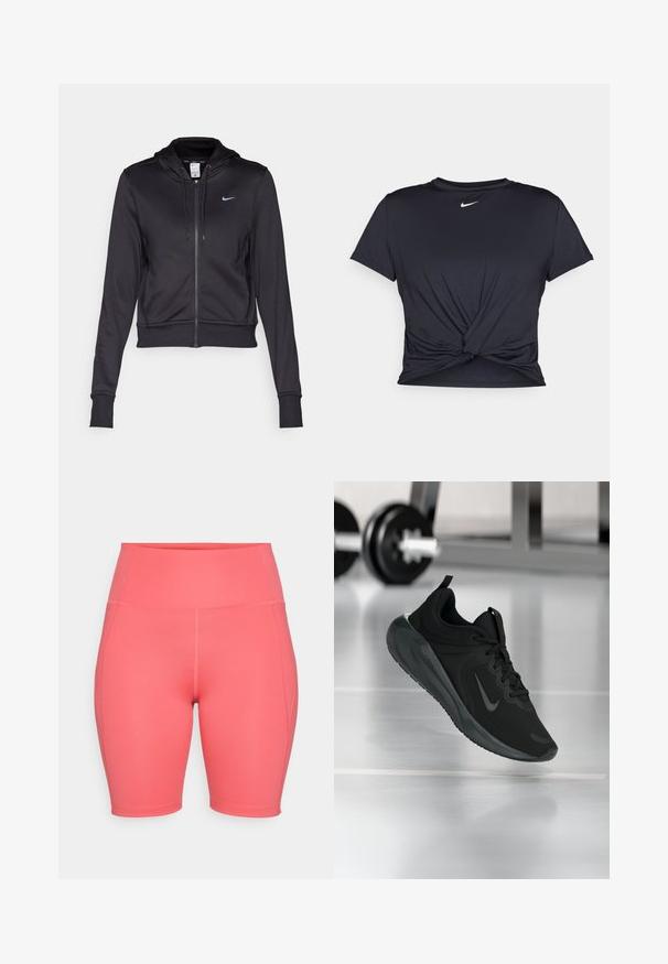 Črna zip-up kapuca iz gladkega materiala, z vrvico na kapuci in majhnim modrim logotipom Nike na prsih. Skrajšana zasnova z rebrastimi manšetami.; Črna atletska majica iz gladkega materiala, z vozlanim sprednjim delom in majhnim belim logotipom Nike na prsih.; Visoko krojene koralne kolesarske kratke hlače, izdelane iz raztegljivega materiala, z gladko teksturo, stranskimi šivi in dolžino do kolen.; Črne športne teniske z logotipom Nike, prikazane v zraku na telovadni talni površini, v ozadju pa zamegljena vrsta uteži.