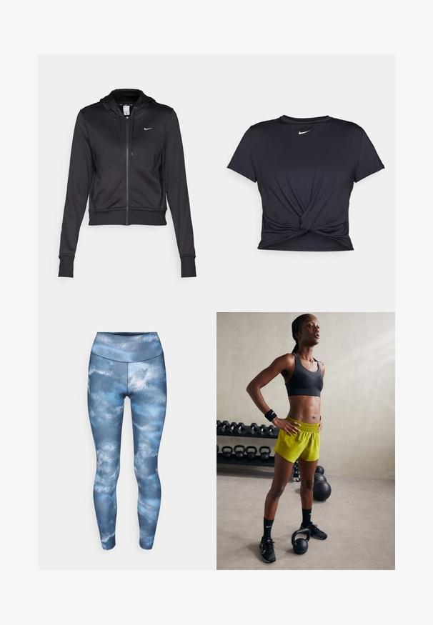 Felpa nera con zip realizzata in tessuto liscio, dotata di cappuccio con cordoncino e piccolo logo blu Nike sul petto. Design cropped con polsini a coste.; Maglietta atletica nera realizzata in tessuto liscio, con un design anteriore annodato e un piccolo logo Nike bianco sul petto.; Leggings blu con un motivo simile a nuvole in diverse tonalità di blu e grigio. Realizzati in tessuto elastico, progettati per il comfort e il movimento.; Reggiseno sportivo nero, pantaloni corti giallo brillante con vita elastica, scarpe da ginnastica nere e polsini, in piedi accanto a kettlebell.