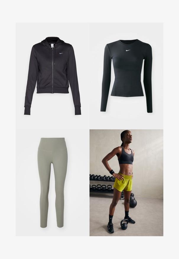 Zwarte zip-up hoodie van gladde stof, met een capuchon met trekkoord en een klein blauw Nike-logo op de borst. Korte ontwerp met rib gebreide mouwen.; Zwarte lang mouwen aansluitende top van gladde, rekbare stof. Heeft een ronde hals en een klein wit Nike-logo op de borst.; Nike Performance ZENVY HR 7/8 - Tights - light army; Zwarte sportbeha, felgele shorts met een elastische tailleband, zwarte sportschoenen en polsbanden, staande naast kettlebells.