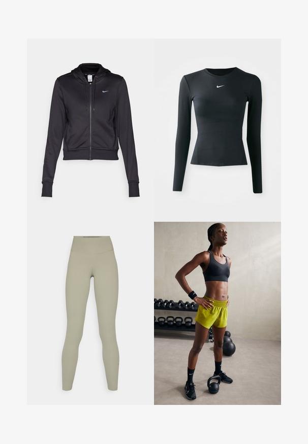 Svart zip-hoodie laget av glatt stoff, med en snorhette og en liten blå Nike-logo på brystet. Kuttet design med ribbestrikkede mansjetter.; Svart langermet tettsittende topp laget av glatt, elastisk stoff. Har rund hals og en liten hvit Nike-logo på brystet.; Høytlivs, tettsittende leggings i et mykt, dempet olivengrønt stoff med en jevn tekstur og uten synlige mønstre eller metalliske detaljer.; Svart sports-bh, lyse gule shorts med elastisk midje, svarte joggesko og håndleddsbånd, står ved siden av kettlebells.