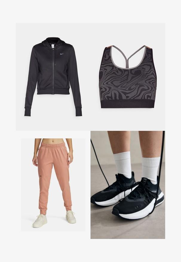 Zwarte zip-up hoodie van gladde stof, met een capuchon met trekkoord en een klein blauw Nike-logo op de borst. Korte ontwerp met rib gebreide mouwen.; Zwarte sportbeha met een grijs draaiend patroon, met een ronde hals en racerback-ontwerp. Gemaakt van een textuur gebreide stof.; Roze sportieve joggingbroek met een elastische tailleband, tapered leg ontwerp, tonale stiksels en een klein zwart logo op de linker bovenbeen.; Zwarte sportschoenen van gestructureerde stof, met een witte zool en zwarte veters. Draag ze met witte geribde sokken, staand op een lichte ondergrond.