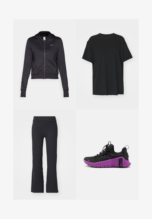 Sweatshirt preto com fecho éclair feito de um tecido suave, apresentando um capuz com cordão e um pequeno logótipo azul da Nike no peito. Design cropped com punhos canelados.; T-shirt preto de manga curta feito de tecido suave, com decote redondo e corte solto. Apresenta aberturas laterais para maior conforto e respirabilidade.; Calças pretas com estilo flare feitas de um tecido elástico com uma cintura alta. Apresentam linhas limpas e uma textura suave, adequadas para uso casual.; Sapatilha desportiva preta com parte superior em tecido texturizado, sola de borracha roxa e padrão de tração espesso. Apresenta atacadores e um pequeno logotipo da Nike.