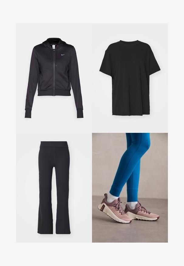 Melnā zipa jaka izgatavota no gludas auduma, ar regulējamu kapuci un mazu zilu Nike logo uz krūšu daļas. Īsā dizainā ar ribotām piedurknēm.; Melna īsām piedurknēm T-krekli, izgatavots no gludas auduma, ar apaļu kakla izgriezumu un brīvu piegriezumu. Satur sānu šķēlumu, lai nodrošinātu papildu komfortu un gaisa caurlaidību.; Melni izplūdušo bikses, izgatavotas no elastīgas auduma ar augstu jostasvietu. Izceļas ar gludām līnijām un vienmērīgu tekstūru, piemērotas ikdienas valkāšanai.; Sporta apavi gaiši rozā un bēšā krāsā ar teksturētām sānu paneļiem, brūniem akcentiem un elastīgiem zoles. Nēsāti ar ziliem legingiem un baltiem zeķēm.