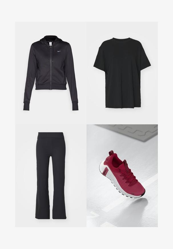 Černá zipová mikina s hladkým materiálem, vybavená kapucí s šňůrkou a malým modrým logem Nike na hrudi. Krátký střih s elastickými manžetami.; Černé tričko s krátkým rukávem vyrobené z hladkého materiálu, s kulatým výstřihem a volným střihem. Obsahuje boční rozparky pro větší pohodlí a prodyšnost.; Černé rozšířené kalhoty z elastické tkaniny s vysokým pasem. Mají čisté linie a hladkou texturu, ideální pro každodenní nošení.; Červená sportovní obuv s texturovaným svrškem, tkaničkami a silnou bílou podrážkou. Obsahuje kontrastní černou špičku a logo na boku.