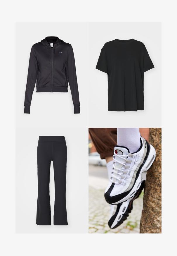 Must musta kapuutsiga must zipp-up jaki, mis on valmistatud siledast kangast, millel on nööriga kapuuts ja väike sinine Nike logo rinnal. Lühendatud disain ribikantide jaotustega.; Must have lühikeste varrukatega must t-särk, mis on valmistatud siledast kangast, ümmarguse kaelusega ja laia lõikega. Omab külgslitsid, mis pakuvad lisamugavust ja hingavust.; Mustad laia säärega mustad püksid, mis on valmistatud venivast kangast ja neil on kõrge vöökoht. Omavad puhtaid jooni ja siledat tekstuuri, sobivad igapäevaseks kandmiseks.; Valged ja mustad võrgusneakerid sujuva hõbedase aktsendiga, millel on ümar varvas, nööridega kinni tõmbamine ja pehme tallaga.