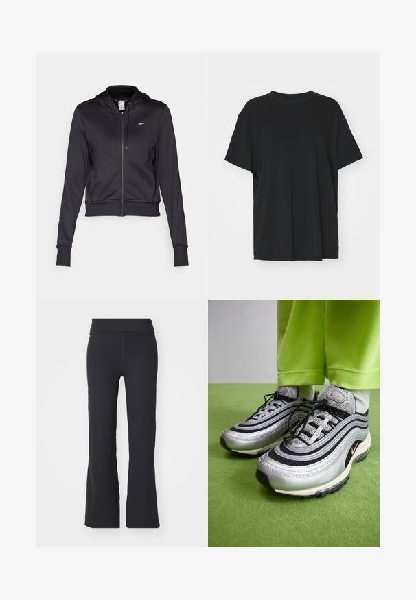 Juodas zip-up džemperis, pagamintas iš lygaus audinio, su reguliuojama gobtuvu ir mažuoju mėlynu Nike logotipu krūtinėje. Trumpas modelis su įsiūtomis rankovėmis.; Juodas trumpas rankovėmis marškinėliai, pagaminti iš lygaus audinio, su apvaliu iškirpimu ir laisvu siluetu. Įrengti šoninių skeltukų patogumui ir oro pralaidumui.; Juodos platėjančios kelnės, pagamintos iš tamprių audinių, su aukštu juosmeniu. Turi švarias linijas ir glotnų tekstūrą, tinkamos kasdieniam dėvėjimui.; Sidabriniai ir juodi Nike Air Max 97 sportbačiai pasižymi bangų formos dizainu, tinkliniu ir odiniu apvalkalu, juodais raišteliais ir rožiniu akcentiniu logotipu.