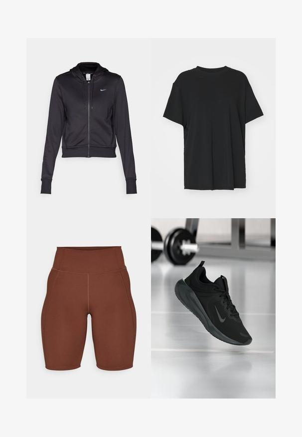 Sweatshirt preto com fecho éclair feito de um tecido suave, apresentando um capuz com cordão e um pequeno logótipo azul da Nike no peito. Design cropped com punhos canelados.; T-shirt preto de manga curta feito de tecido suave, com decote redondo e corte solto. Apresenta aberturas laterais para maior conforto e respirabilidade.; Calções atléticos castanhos com uma cintura alta, feitos de um tecido liso e elástico. Apresenta costuras decorativas nas laterais.; Sapatilha desportiva preta com o logotipo da Nike, mostrada em pleno ar sobre o chão do ginásio, com um suporte de halteres desfocado ao fundo.