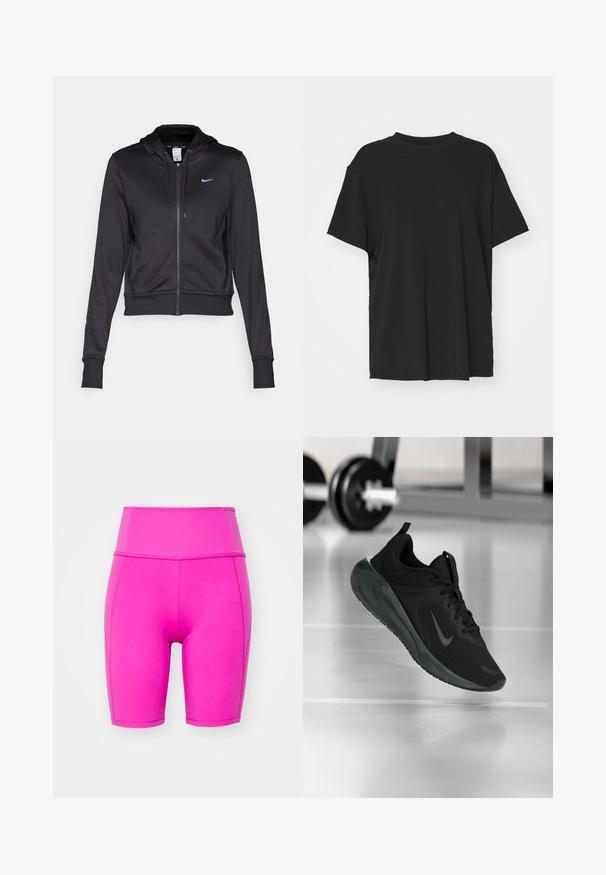 Juodas zip-up džemperis, pagamintas iš lygaus audinio, su reguliuojama gobtuvu ir mažuoju mėlynu Nike logotipu krūtinėje. Trumpas modelis su įsiūtomis rankovėmis.; Juodas trumpas rankovėmis marškinėliai, pagaminti iš lygaus audinio, su apvaliu iškirpimu ir laisvu siluetu. Įrengti šoninių skeltukų patogumui ir oro pralaidumui.; Girlfriend Collective COMPRESSIVE HIGH RISE BIKE SHORTS - Tamprės - ultraviolet; Juodas sportinis sportbačiai su Nike logotipu, pavaizduoti ore virš sporto salės grindų, fone išblurinta hantelių laikiklis.