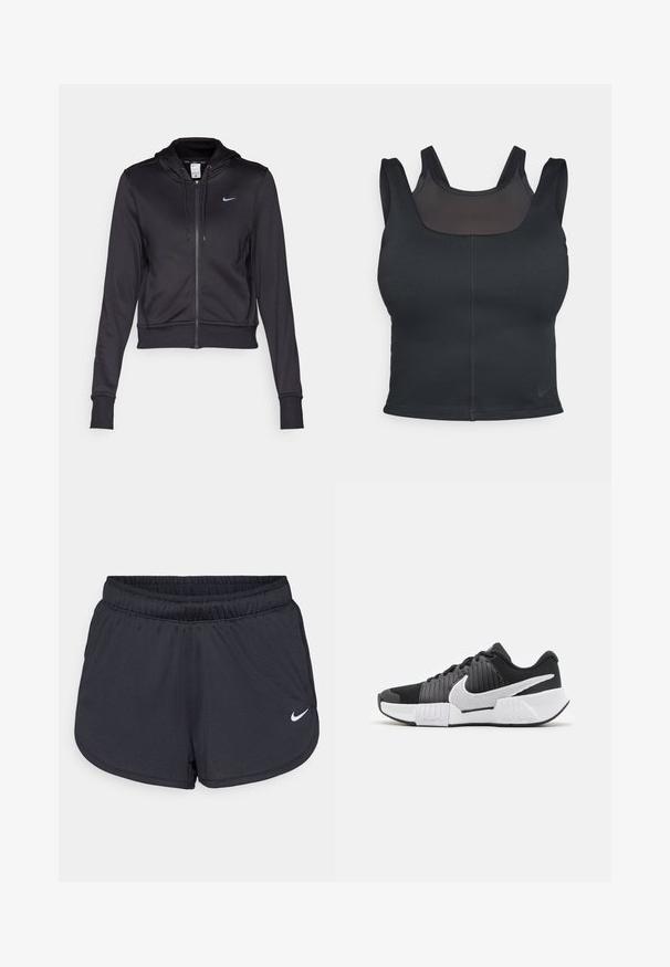 Musta vetoketjuhuppari, joka on valmistettu sileästä kankaasta. Siinä on naruilla säädettävä huppu ja pieni sininen Nike-logot. Käristetty malli, jossa on ribbaustaskut.; Mustaharjoituskliivan mallinen musta urheiluliivi, jossa on leveät hihnat ja silkkinen verkkokangas etuosassa. Sujuva pinta ja vähäiset saumat. Nike-logo helmassa.; Mustat urheilushortsit, jotka on valmistettu kevyestä ja hengittävästä kankaasta. Sisältää joustavan vyötärönauhan ja valkoisen Nike-logon oikeassa alareunassa.; Mustavalkoiset urheilukengät, joissa on teksturoitu päällinen, keskeinen Nike-logon muotoilu ja kontrastivärinen pohjamuotoilu paremman pidon ja vakauden saavuttamiseksi.