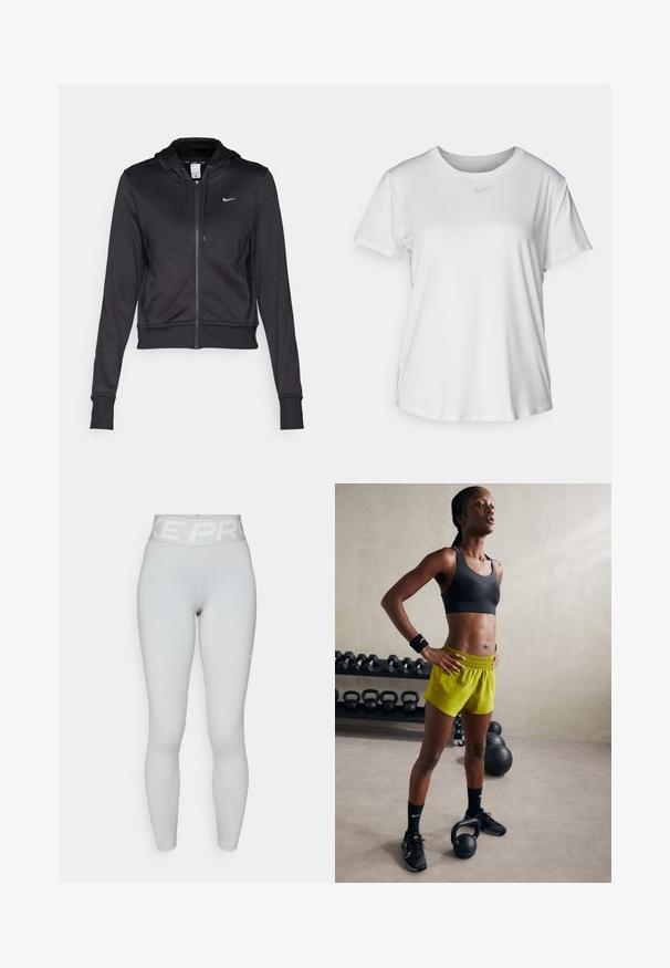 Svart zip-hoodie laget av glatt stoff, med en snorhette og en liten blå Nike-logo på brystet. Kuttet design med ribbestrikkede mansjetter.; Hvit kortermet T-skjorte laget av glatt stoff, med rund halsringning og en liten grå Nike-logo på brystet.; Lys grå Nike Pro høy midje full-lengde leggings med logo på livet og liten hvit swoosh på venstre lår.; Svart sports-bh, lyse gule shorts med elastisk midje, svarte joggesko og håndleddsbånd, står ved siden av kettlebells.