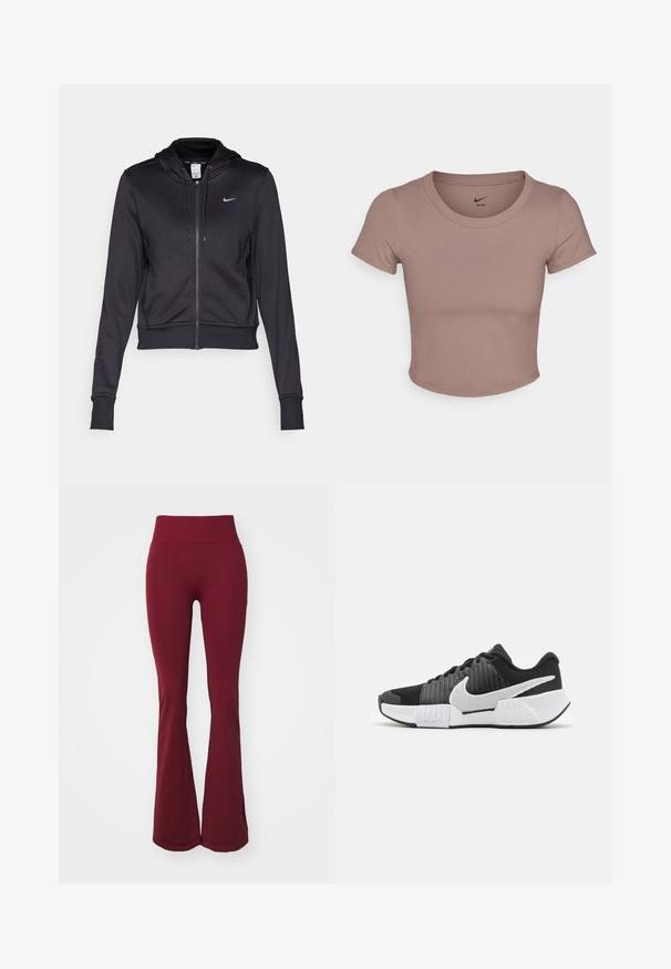 Juodas zip-up džemperis, pagamintas iš lygaus audinio, su reguliuojama gobtuvu ir mažuoju mėlynu Nike logotipu krūtinėje. Trumpas modelis su įsiūtomis rankovėmis.; Ruda trumpa marškinėliai, pagaminti iš lygaus audinio, su apvali kaklo linija ir trumpomis rankovėmis. Nike logotipas atspausdintas ant apykaklės vidinės pusės.; ICANIWILL DEFINE SEAMLESS FLARED - Tamprės - burgundy; Juodai balti sportiniai batai su tekstūruota viršutinė dalimi, išryškinta Nike ženklo simboliu ir kontrastinga pado dizainu, užtikrinančiu geresnį sukibimą ir stabilumą.