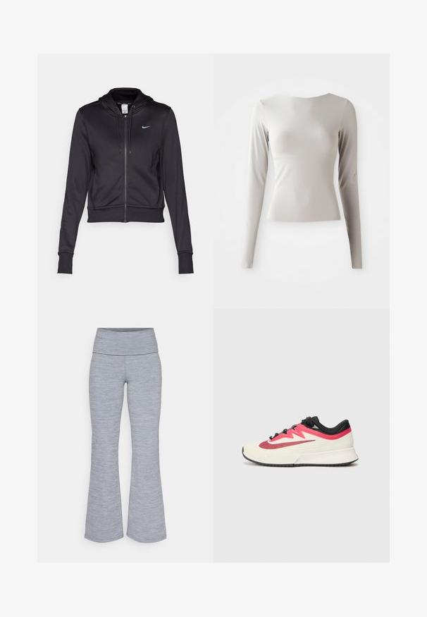 Black zip-up hoodie made of smooth fabric, featuring a drawstring hood and a small blue Nike logo on the chest. Cropped design with ribbed cuffs.; Light grey long-sleeve top made of sleek, smooth fabric with a round neckline and a fitted silhouette. Hem is slightly flared at the bottom.; Gray flared leggings with a wide waistband; made from a soft, textured material featuring a heathered pattern throughout.; Running shoe with a cream upper, red and black accents, and textured surface. Features black laces and a cushioned sole for comfort.