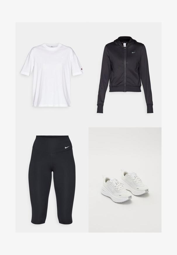 Crna zip-up dukserica od glatkog materijala, s kapuljačom na uže i malim plavim Nike logotipom na prsima. Skriveni dizajn s rebrastim manžetama.; Bijela pamučna majica s okruglim izrezom, kratkim rukavima i malim logom na lijevoj strani prsa. Ima opušteni kroj i jednobojna je.; Nike crne capri tajice imaju visok pojas, glatku rastezljivu tkaninu i suptilnu oznaku s prednje strane.; Bijele sportske tenisice s teksturiranim mrežastim gornjim dijelom, podstavljenom potplatom i suptilnim sivim naglascima. Uključuju brendiranje i petlju na peti za lakše obuvanje.