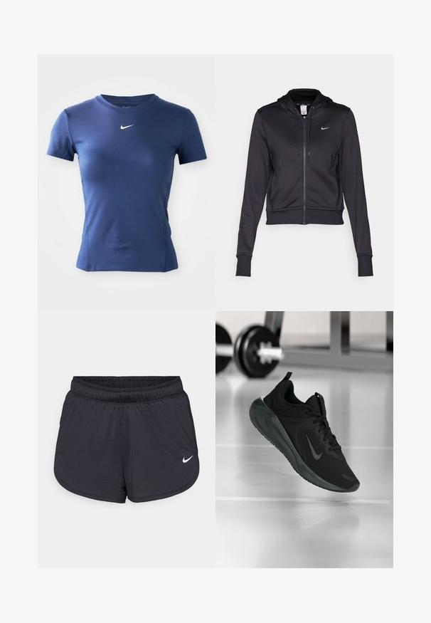 Sweatshirt preto com fecho éclair feito de um tecido suave, apresentando um capuz com cordão e um pequeno logótipo azul da Nike no peito. Design cropped com punhos canelados.; Camiseta atlética de manga curta azul marinho com o logótipo branco da Nike centrado abaixo do decote em um fundo simples.; Calções atléticos pretos com cintura elástica, apresentando um design desportivo e um logótipo Nike branco na parte inferior da frente. Tecido texturizado.; Sapatilha desportiva preta com o logotipo da Nike, mostrada em pleno ar sobre o chão do ginásio, com um suporte de halteres desfocado ao fundo.