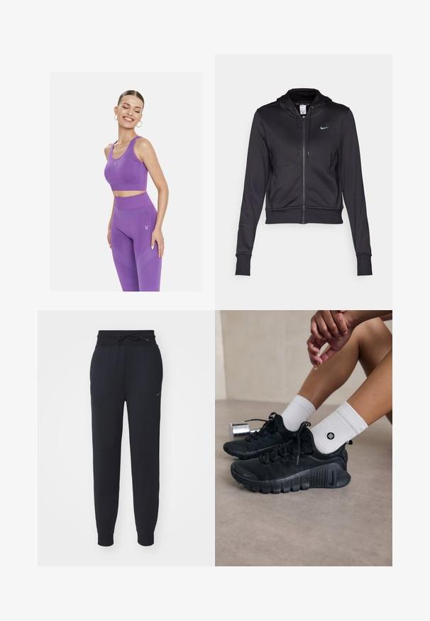 Hanorac negru cu fermoar, fabricat dintr-un material neted, având un glugă cu șnur și un mic logo al Nike de culoare albastră pe piept. Design scurt cu mansete ribbate.; Cardio Bunny CHILL CROP - Top - purple; Pantaloni de jogging negri dintr-un material moale, cu talie elastică și șnur, buzunare laterale și un logo subtil pe coapsa stângă.; Pantofi sport negri din material texturat, cu un design cu sireturi și o talpă proeminentă, asortați cu șosete albe cu model cu nervuri, având un mic logo.