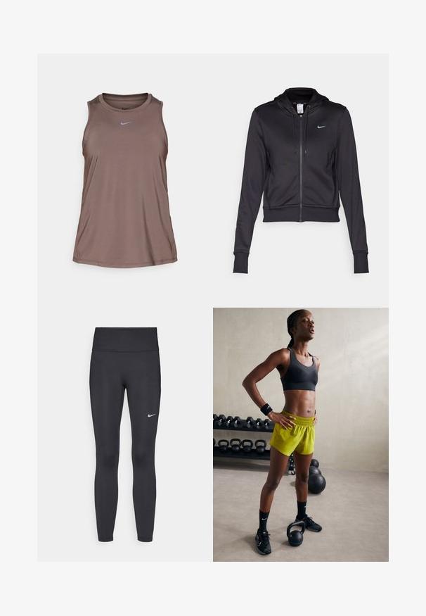 Černá zipová mikina s hladkým materiálem, vybavená kapucí s šňůrkou a malým modrým logem Nike na hrudi. Krátký střih s elastickými manžetami.; Nike Performance ONE CLASSIC TANK - Top - ironstone/black; Černé legíny vyrobené z elastického materiálu, s vysokým pasem a bílým logem Nike na levém stehně. Hladká textura, přiléhavý střih.; Černá sportovní podprsenka, jasně žluté šortky s elastickým pasem, černé sportovní boty a zápěstní pásky, stojící vedle kettlebellů.
