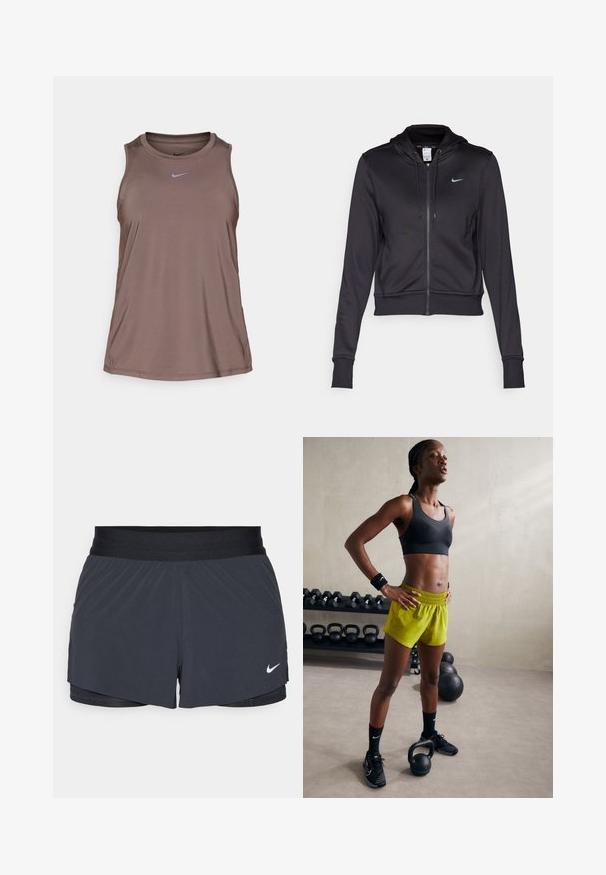 Sudadera negra con cremallera hecha de tejido suave, con capucha ajustable y un pequeño logo de Nike en azul en el pecho. Diseño cropped con puños acanalados.; Nike Performance ONE CLASSIC TANK - Top - ironstone/black; Shorts deportivos negros con cintura elástica, que presentan un diseño en capas y un pequeño logo blanco de Nike en la parte inferior izquierda. Material ligero.; Sujetador deportivo negro, pantalones cortos amarillos brillantes con cinturilla elástica, zapatillas de deporte negras y muñequeras, de pie junto a kettlebells.