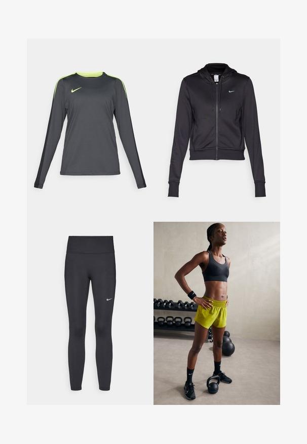 Schwarze Zip-Hoodie aus glattem Stoff, mit Kordelzugkapuze und kleinem blauen Nike-Logo auf der Brust. Kurz geschnittenes Design mit gerippten Bündchen.; Langärmliges Sporthemd in Dunkelgrau mit neon grünen Akzenten auf den Schultern. Hergestellt aus leichtem, atmungsaktivem Stoff und mit Rundhals-Ausschnitt.; Schwarze Leggings aus elastischem Stoff, mit einem hohen Bund und einem weißen Nike-Logo auf dem linken Oberschenkel. Glatte Textur, figurbetontes Design.; Schwarzer Sport-BH, leuchtend gelbe Shorts mit elastischem Bund, schwarze Sportschuhe und Handgelenkbandagen, stehend neben Kettlebells.