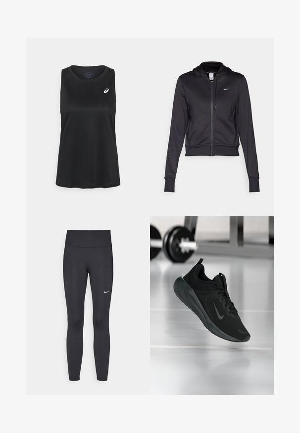 Felpa nera con zip realizzata in tessuto liscio, dotata di cappuccio con cordoncino e piccolo logo blu Nike sul petto. Design cropped con polsini a coste.; ASICS CORE TANK - Top - performance black; Leggings neri realizzati in tessuto elasticizzato, con una vita alta e un logo Nike bianco sulla coscia sinistra. Tessuto liscio, design aderente.; Sneaker sportivo nero con logo Nike, mostrato in volo su un pavimento da palestra, con un supporto per pesi sfocato sullo sfondo.