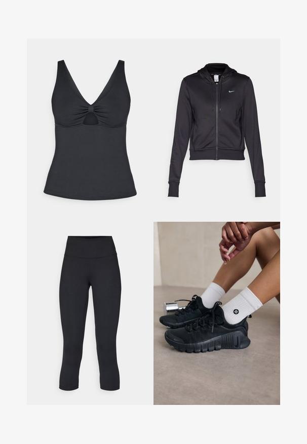 Fekete zipzáras kapucnis pulcsi sima anyagból, állítható kapucnival és egy kis kék Nike logóval a mellen. Rövidített fazon ribbelt mandzsettákkal.; Fekete ujjatlan felső mély V-nyakkal, középen ráncolt részlettel és kulcslyuk kivágással alul. Sima textúra és testhezálló fazon.; Fekete, rövidített leggings elasztikus anyagból, magas derékkal és sima textúrával, látható minták vagy fémalkatrészek nélkül.; Fekete sportcipők texturált anyagból, fűzős kialakítással és hangsúlyos talppal, fehér bordás zoknikkal párosítva, melyek kis logóval rendelkeznek.