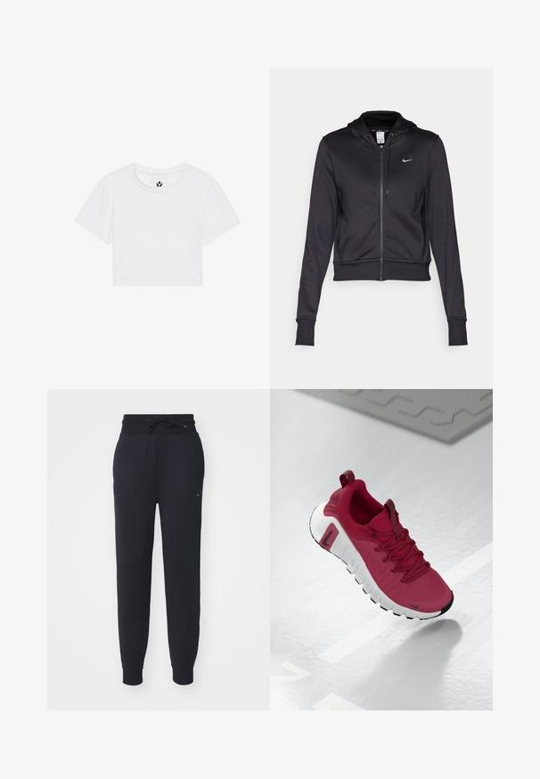 Svart zip-hoodie laget av glatt stoff, med en snorhette og en liten blå Nike-logo på brystet. Kuttet design med ribbestrikkede mansjetter.; Hvit avkortet T-skjorte med korte ermer, rund hals, laget av glatt stoff; har en liten svart logo ved halsen og nederste kant.; Svarte joggebukser laget av myk stoff, med elastisk midje og snor, sidelommer og en subtil logo på venstre lår.; Rød sportsko med en teksturert overdel, snørelukking og en tykk hvit såle. Har en kontrasterende svart tåhette og en logo på siden.