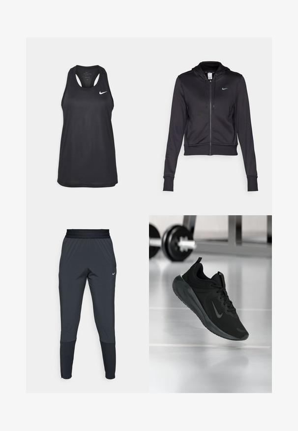 Black zip-up hoodie made of smooth fabric, featuring a drawstring hood and a small blue Nike logo on the chest. Cropped design with ribbed cuffs.; Black Nike athletic tank top with a round neck, racerback design, and embroidered logo on the chest. Smooth fabric texture.; Nike athletic pants in dark gray, featuring a tapered leg design, elastic waistband, and accent details near the cuffs.; Black sports sneaker with Nike logo, shown mid-air on gym floor, with blurred dumbbell rack in background.
