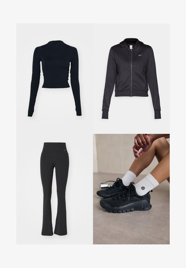 Musta vetoketjuhuppari, joka on valmistettu sileästä kankaasta. Siinä on naruilla säädettävä huppu ja pieni sininen Nike-logot. Käristetty malli, jossa on ribbaustaskut.; Musta, pitkähihais cropped toppi, jossa on korkea kaulus. Valmistettu sileästä, tiukasta materiaalista, jossa ei ole näkyviä kuvioita tai koristeita.; Mustat joogahousut korkealla vyötäröllä, joustavasta kankaasta valmistettu. Ominaisuuksiin kuuluu levenevä muotoilu ja pieni Nike-logo vyötäröllä.; Mustat urheilukengät, joissa on teksturoitu kangas, nauhakiinnitys ja näyttävä pohja, yhdistettyinä valkoisiin ribbikuvioisiin sokkeihin, joissa on pieni logo.