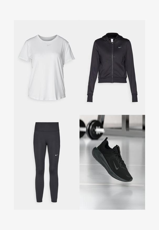 Czarna bluza z kapturem na zamek, wykonana z gładkiego materiału, z kapturem ze sznurkiem i małym niebieskim logo Nike na klatce piersiowej. Skrócony krój z ściągaczami przy rękawach.; Biała koszulka z krótkim rękawem, uszyta z gładkiego materiału, z okrągłym dekoltem i małym szarym logo Nike na piersi.; Czarne legginsy z elastycznego materiału, z wysokim pasem i białym logo Nike na lewym udzie. Gładka tekstura, dopasowany krój.; Czarny sportowy sneaker z logo Nike, pokazany w powietrzu na podłodze siłowni, z rozmytym regałem z hantlami w tle.