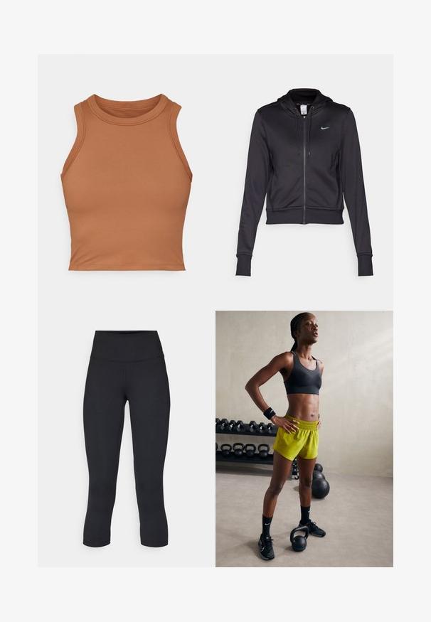Czarna bluza z kapturem na zamek, wykonana z gładkiego materiału, z kapturem ze sznurkiem i małym niebieskim logo Nike na klatce piersiowej. Skrócony krój z ściągaczami przy rękawach.; Brązowy, bezrękawnikowy crop top wykonany z gładkiego materiału. Posiada wysoki dekolt i ściśle obszyte krawędzie, co zapewnia dopasowany krój.; Czarne, krótkie legginsy wykonane z elastycznego materiału, z wysokim stanem i gładką strukturą, bez widocznych wzorów czy elementów metalowych.; Czarny stanik sportowy, jasne żółte szorty z elastycznym pasem, czarne buty sportowe i opaski na nadgarstki, stojące obok kettlebelli.
