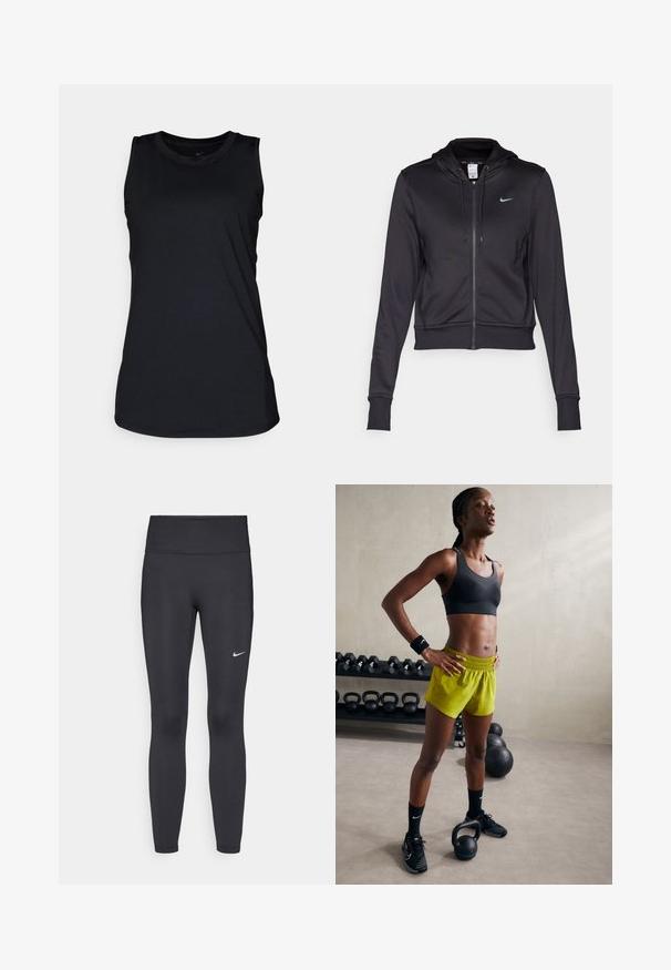 Czarna bluza z kapturem na zamek, wykonana z gładkiego materiału, z kapturem ze sznurkiem i małym niebieskim logo Nike na klatce piersiowej. Skrócony krój z ściągaczami przy rękawach.; Czarny bezrękawnik sportowy wykonany z gładkiego poliestrowego materiału. Okrągły dekolt, luźny krój, bez widocznych wzorów lub akcentów.; Czarne legginsy z elastycznego materiału, z wysokim pasem i białym logo Nike na lewym udzie. Gładka tekstura, dopasowany krój.; Czarny stanik sportowy, jasne żółte szorty z elastycznym pasem, czarne buty sportowe i opaski na nadgarstki, stojące obok kettlebelli.