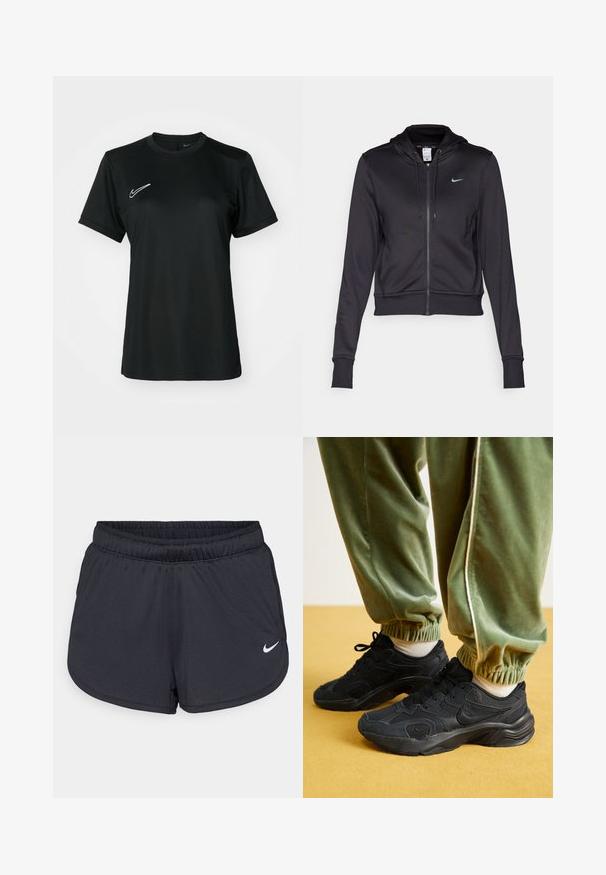 Musta vetoketjuhuppari, joka on valmistettu sileästä kankaasta. Siinä on naruilla säädettävä huppu ja pieni sininen Nike-logot. Käristetty malli, jossa on ribbaustaskut.; Musta lyhythihainen urheilupaita, jossa on pyöreä kaula-aukko. Vasemmassa yläkulmassa on valkoinen Nike-logo. Sileä ja kevyt kangas.; Mustat urheilushortsit, jotka on valmistettu kevyestä ja hengittävästä kankaasta. Sisältää joustavan vyötärönauhan ja valkoisen Nike-logon oikeassa alareunassa.; Mustat urheilukengät, joissa on verkko- ja synteettisiä päällysteitä, teksturoitu pohja, yhdistetty vihreisiin joustaviin hihnallisiin collegehousuihin, keltaisella pinnalla.