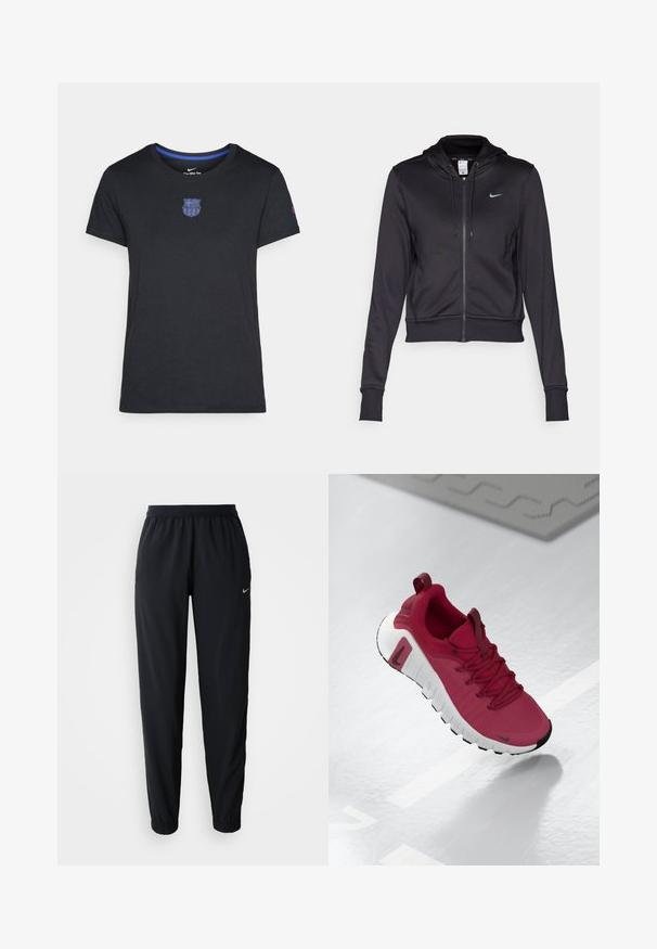 Crna zip-up dukserica od glatkog materijala, s kapuljačom na uže i malim plavim Nike logotipom na prsima. Skriveni dizajn s rebrastim manžetama.; Crna pamučna majica s kratkim rukavima, s plavim grbom kluba na prsima i plavim detaljem na izrezu.; Crne Nike trenirke s elastičnim pojasom, sužavajuće nogavice i manžetama na gležnjevima, s suptilnim teksturiranim uzorkom i detaljem loga.; Crvene atletske tenisice s teksturiranim gornjim dijelom, vezicama i debelim bijelim potplatom. Imaju kontrastni crni vrh i logotip sa strane.