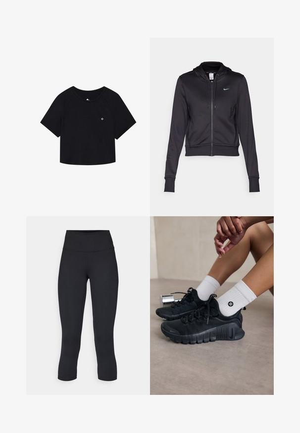 Juodas zip-up džemperis, pagamintas iš lygaus audinio, su reguliuojama gobtuvu ir mažuoju mėlynu Nike logotipu krūtinėje. Trumpas modelis su įsiūtomis rankovėmis.; Juodas trumpas marškinėlis su trumpomis rankovėmis, gumburėliu, apvaliu iškirpimu ir maža balta logo ant krūtinės.; Juodos apkarpytos legginsai, pagaminti iš tamprios medžiagos, su aukšta juosmens linija ir glotnia tekstūra, be matomų raštų ar detalių.; Juodi sportiniai bateliai su tekstūruota medžiaga, raištelių dizainu ir ryškiu padu, derinami su baltais raukšlėtais kojiniais, turinčiais mažą logotipą.