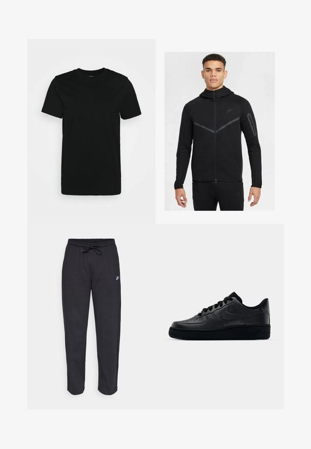 Black Nike zip-up hoodie with a high collar, long sleeves, sleek fit, contrasting textured paneling, and a zip pocket on the sleeve.; Black short-sleeve T-shirt made of smooth cotton fabric, featuring a crew neckline and a simple design without patterns or accents.; Black sweatpants made of soft fabric with an elastic waistband, drawstring, and a small Nike logo on the left thigh.; Black Nike Air Force 1 sneaker with a smooth leather upper, perforated toe for breathability, black laces, and a textured rubber sole.