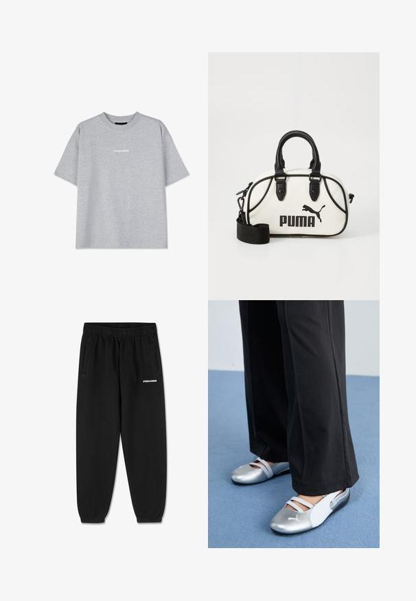 Felpa zip grigia chiara con cappuccio regolabile, tasche frontali, polsini a costine e un piccolo logo stampato sul lato sinistro. Tessuto in cotone morbido.; T-shirt in cotone grigio con maniche corte, con collo girocollo e un piccolo logo bianco "PEGADOR" sul davanti. Tessuto morbido, vestibilità rilassata.; Pantaloni della tuta neri in tessuto morbido, con cintura elasticizzata regolabile, gambe affusolate e tasche laterali. Logo "PEGADOR" in bianco sulla parte anteriore.; Scarpe piatte argento e bianche con cinturini incrociati e dettagli testurizzati, abbinate a pantaloni neri larghi. Ambientate su un pavimento blu.; Borsa bianca con dettagli neri, con logo Puma. Manici corti e rotondi e tracolla staccabile, realizzata in materiale sintetico testurizzato.