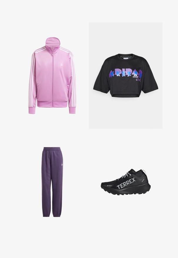 Pink zip-up jacket with high collar, white accent stripes down sleeves, and a small white logo on the chest. Smooth, lightweight fabric.; Black cropped t-shirt in lightweight fabric, featuring large purple and blue graphic text and design elements on the front, with short sleeves.; Purple sweatpants with elastic waistband and cuffs, side pockets, and white logo detail. Made from soft, cozy fabric for comfort.; Black athletic shoe with a textured upper, featuring "TERREX" branding, lace closure, and a rugged outsole for traction.